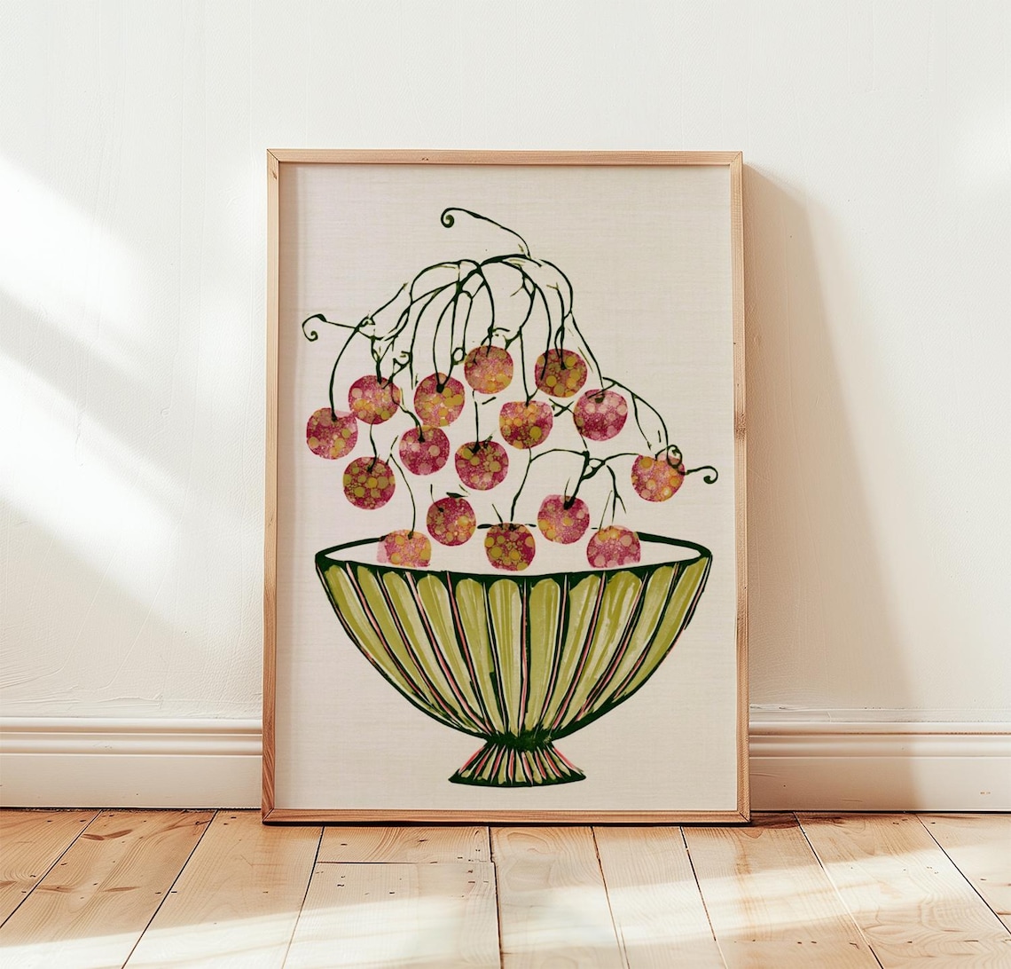 Cherry Bowl Vintage Linocut Art Print