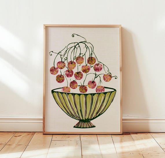 Cherry Bowl Vintage Linocut Art Print