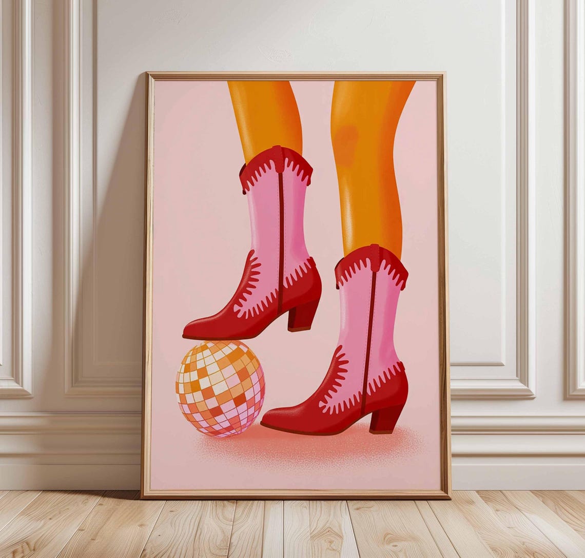 Retro Pink Cowgirl Boots with Sparkling Disco Ball Western Poster