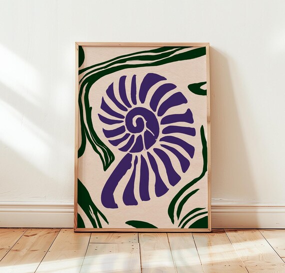 Purple Ammonite Print Green Coastal Wall Art Abstract Paper Poster