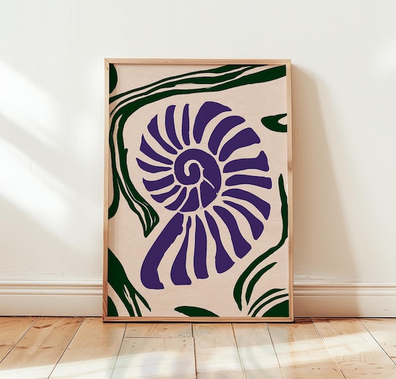 Purple Spiral Ammonite Shell Modern Abstract Green Leaf Wall Art