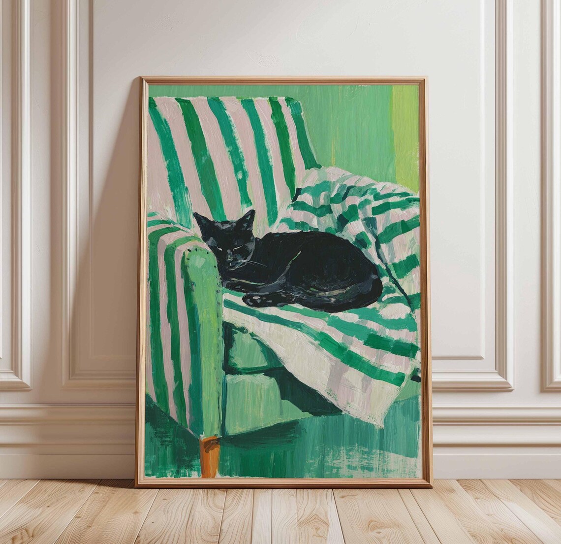 Black Cat Napping on Green Striped Armchair Cozy Pet Wall Art