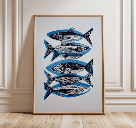 Sardine Fish Poster, Nautical Coastal Kitchen Decor