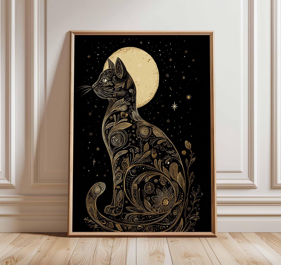 Moon Cat Celestial Night Sky Art Print