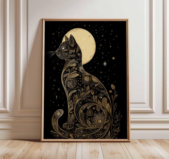 Moon Cat Celestial Night Sky Art Print