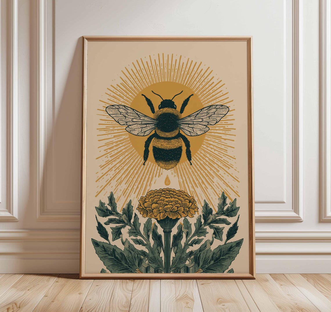 Bumblebee Sunburst Vintage Botanical Poster Marigold Insect Art