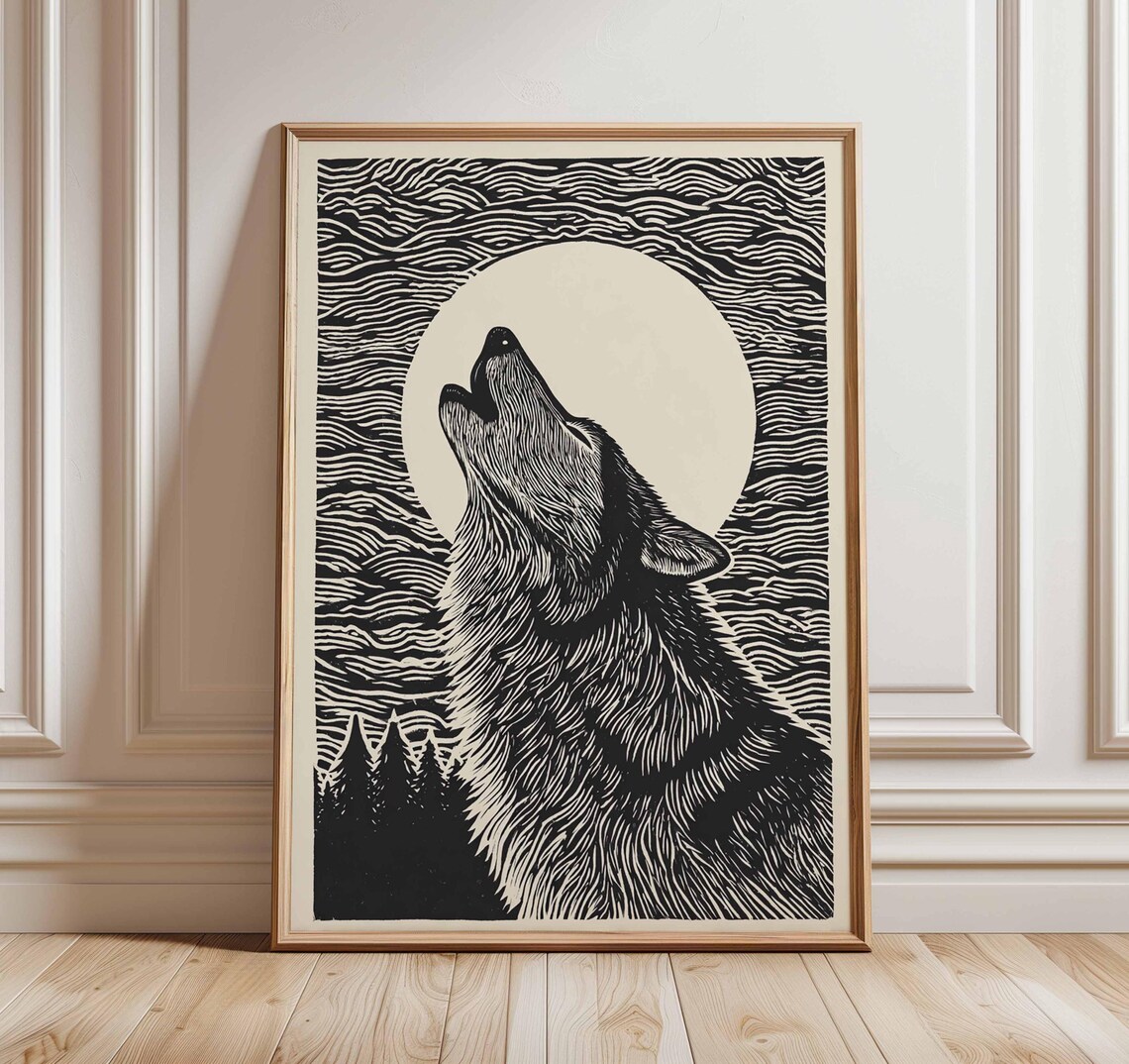 Wolf Howling Moon Poster, Nordic Minimalist Decor