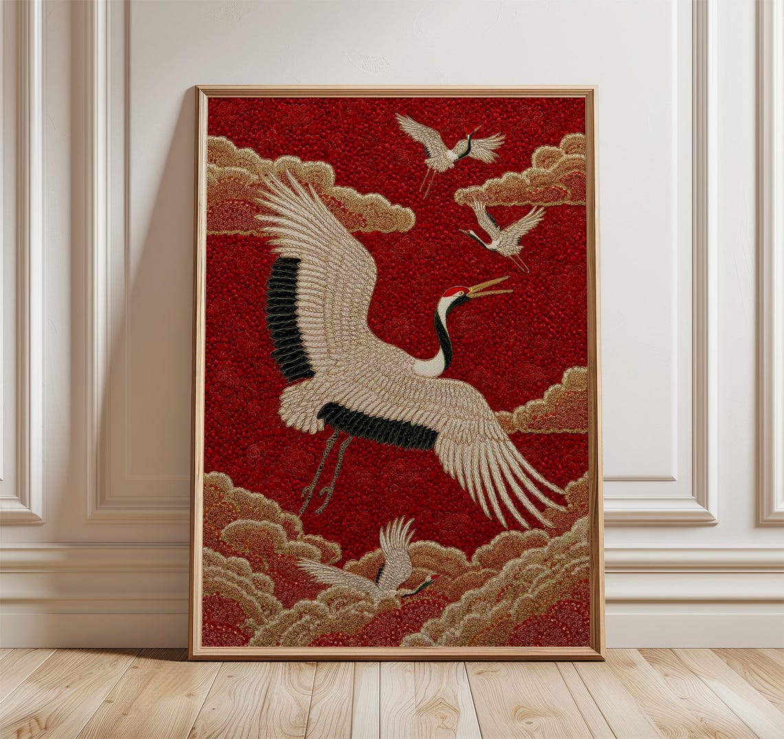 White Cranes On Deep Red Gold Cloud Japanese Elegant Bird Art Poster