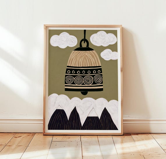 Temple Bell Print Neutral Mountain Wall Art Linocut Poster