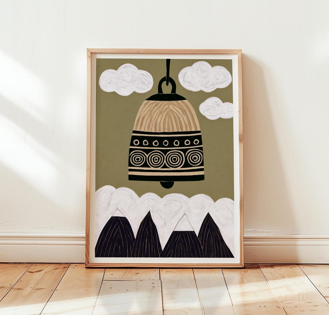 Neutral Olive Temple Bell Japanese Linocut Mountain Scene Poster
