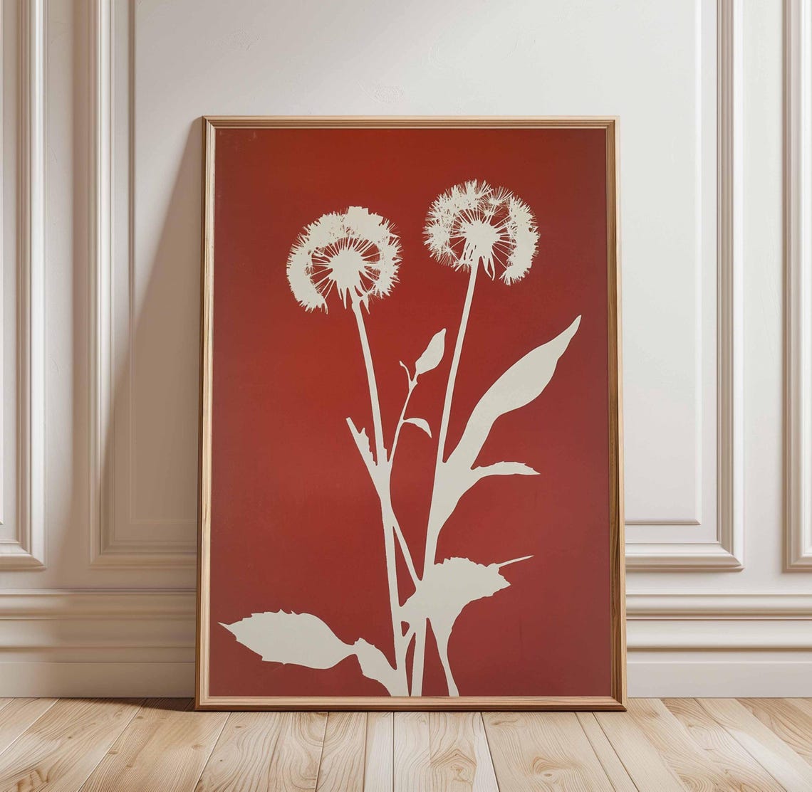 White Dandelion Silhouette On Red Minimalist Botanical Art Poster