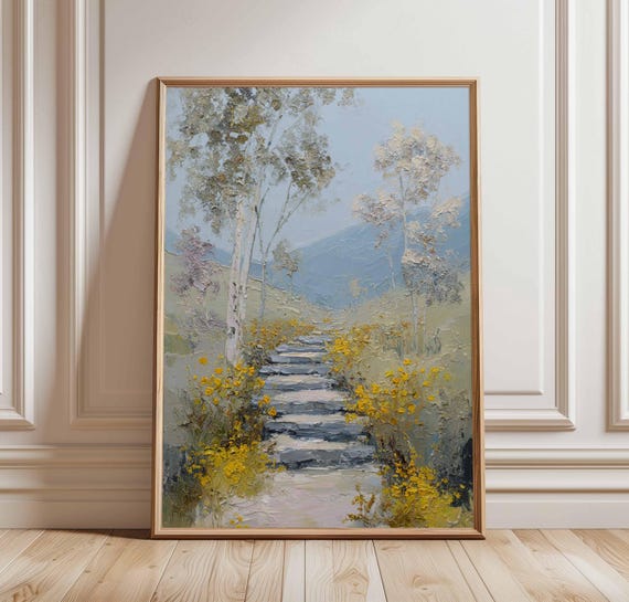 Textured Landscape Pathway Poster Impressionist Nature Wall Art Print Yellow Wildflowers And Trees Painting Country Garden Decor