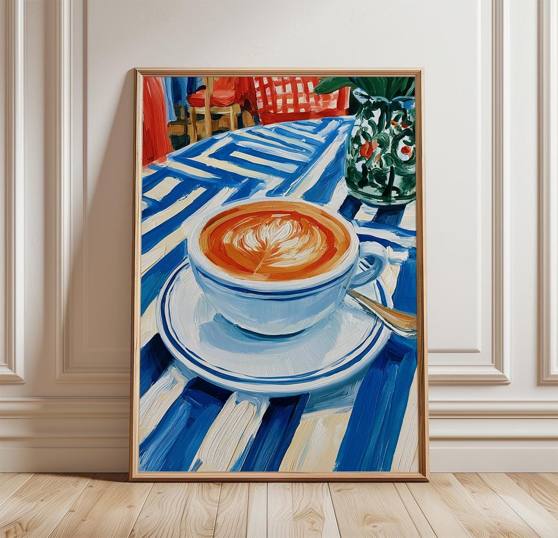 Coffee Cup Latte Art Blue Cafe Table Impasto Mediterranean Poster