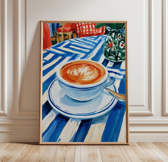 Coffee Cup Latte Art Blue Cafe Table Impasto Mediterranean Poster