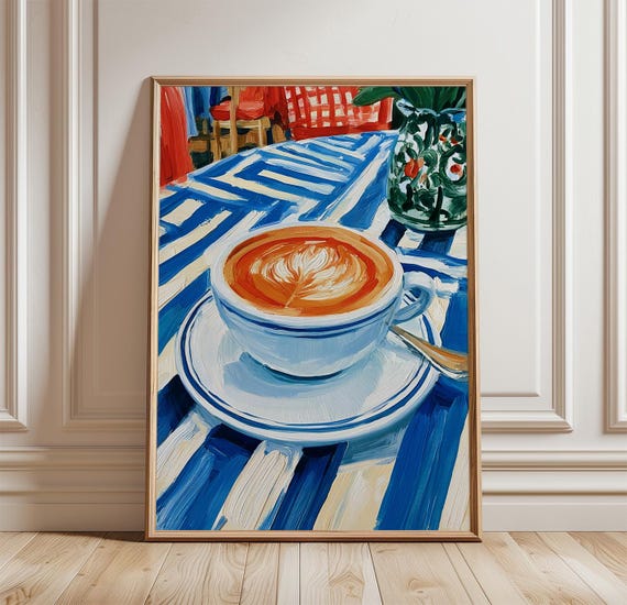 Coffee Cup Poster Blue Caf Print Mediterranean Wall Art
