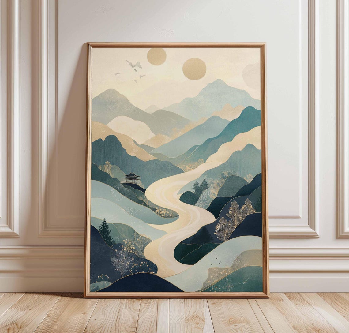 Asian Mountain River Poster Winding Stream Pagoda Nature Art