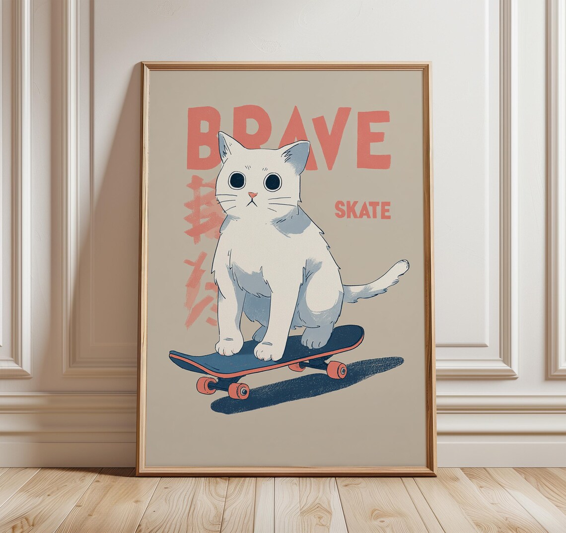 Brave Skate Cat On Skateboard Kawaii Japanese Anime Art Poster