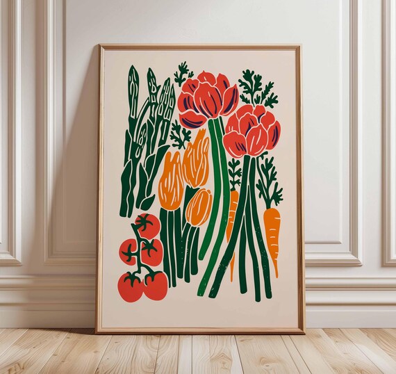 Scandinavian Vegetable Garden Harvest Linocut Kitchen Art Print