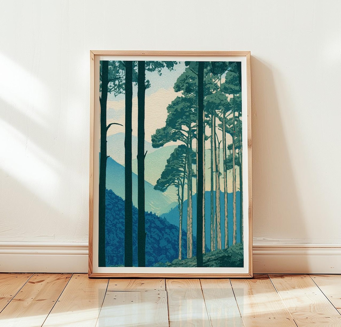 Pine Forest Landscape Art Print, Serene Mountain
