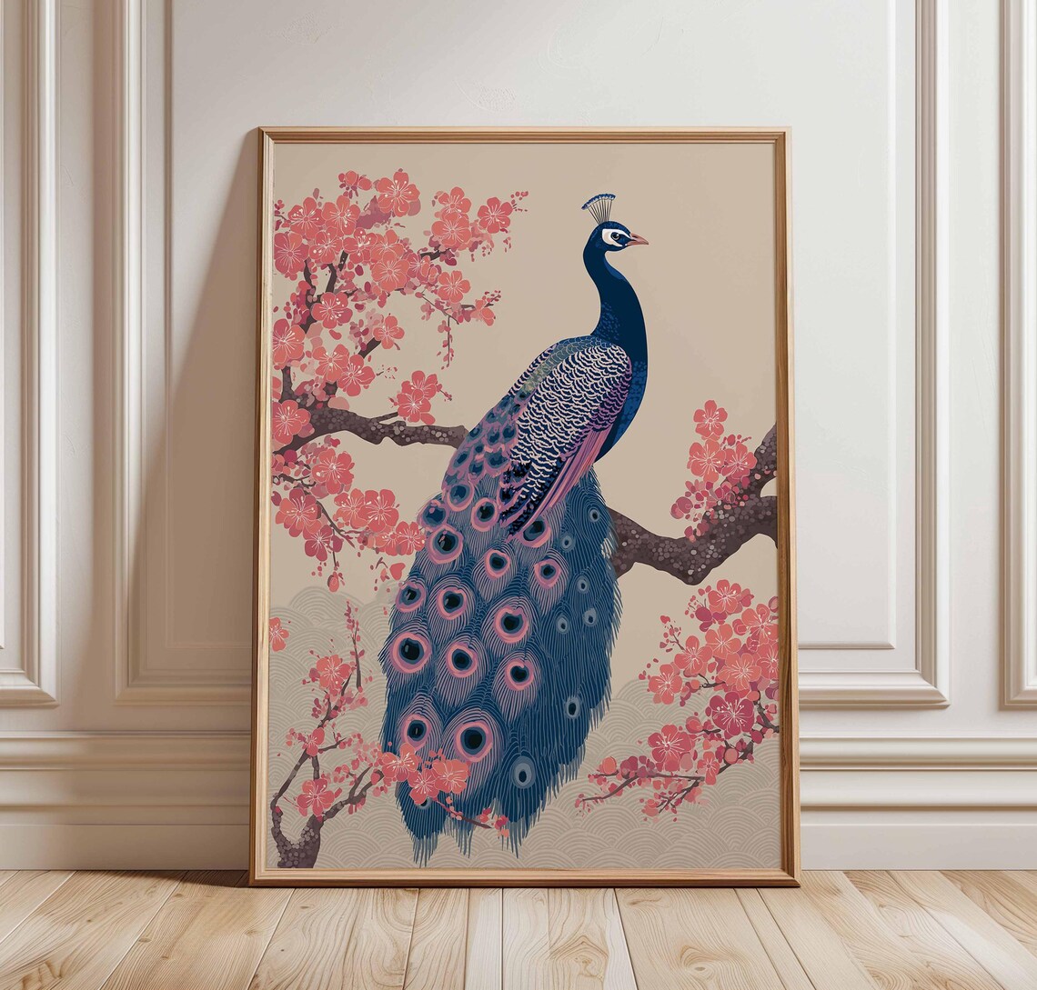 Peacock Cherry Blossom Poster Japanese Style Elegant Bird Illustration