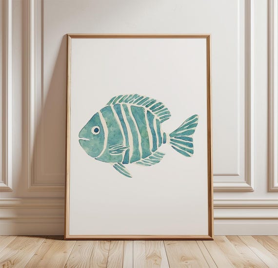 Blue Fish Poster, Coastal Ocean Animal Art Print