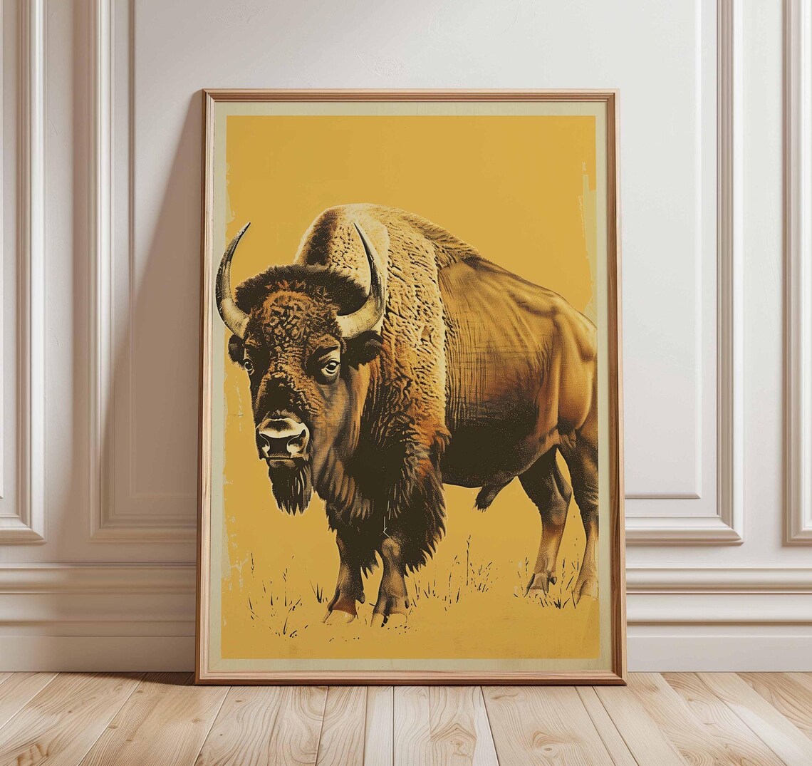 Bison on Mustard Yellow Vintage Western Wildlife Buffalo Art Poster