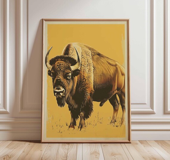 Bison Wall Art Print Bold Buffalo Poster Western Wildlife Animal Decor Vintage Yellow Background Unframed Rustic Nature