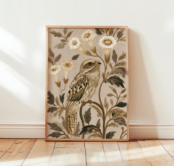 Neutral Potoo Print Beige Botanical Wall Art Lithograph Poster