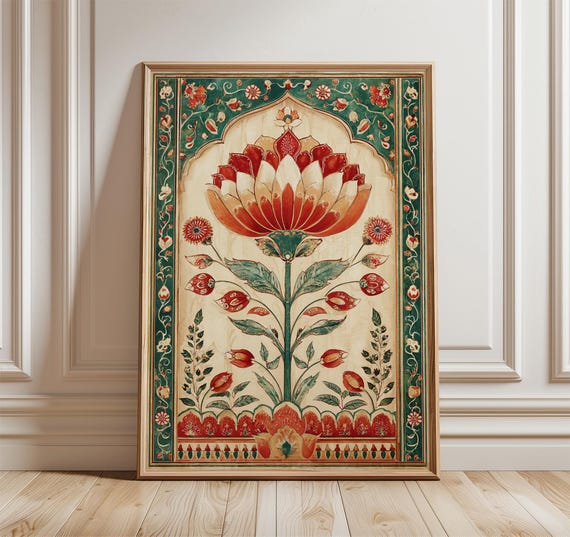 Persian Floral Botanical Art Print, Red Green Pattern