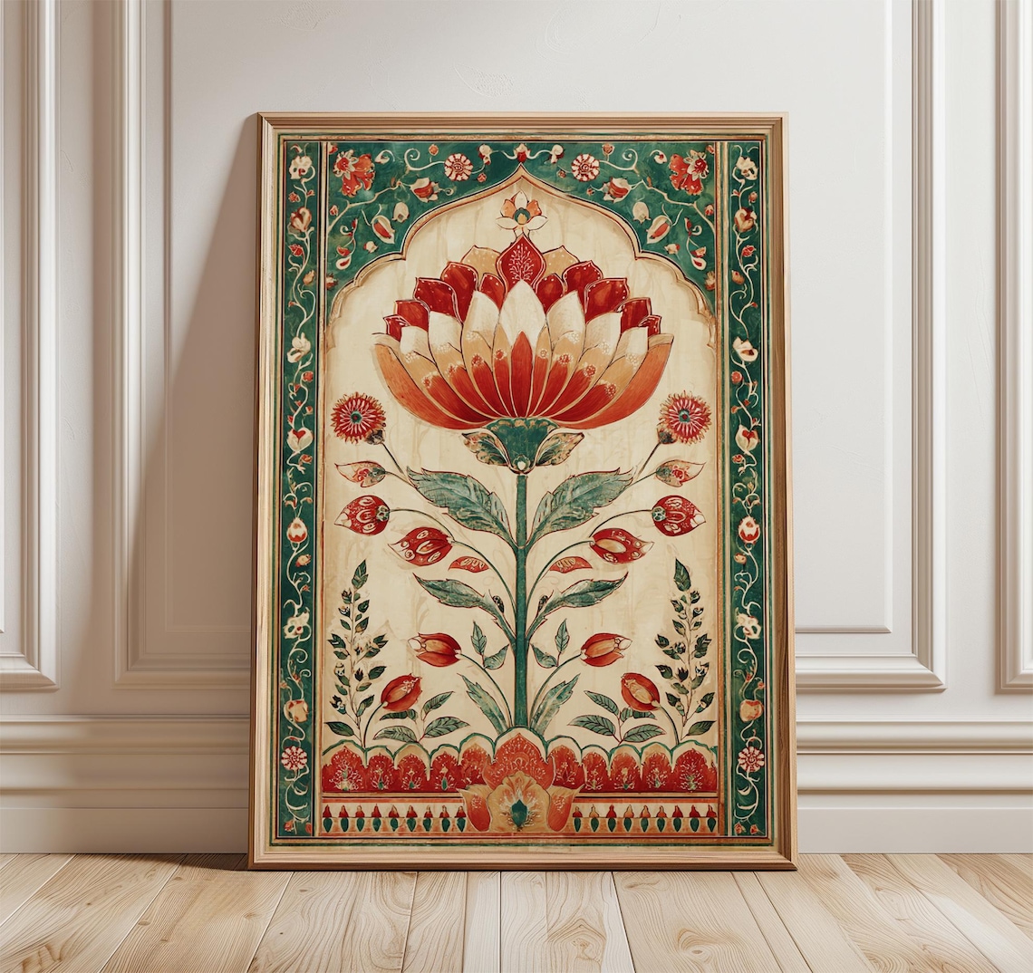 Persian Floral Botanical Art Print, Red Green Pattern