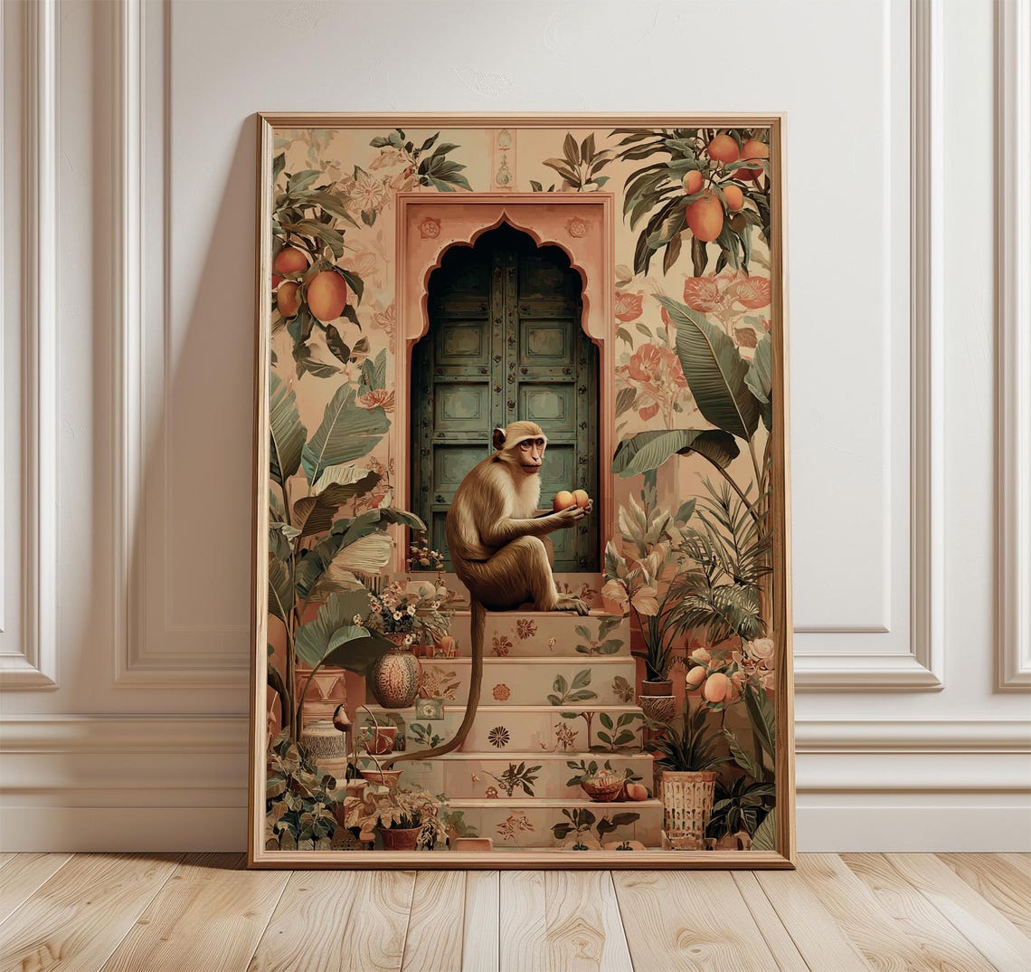 Monkey with Fruit on Temple Steps Tropical Botanical Animal Art Poster