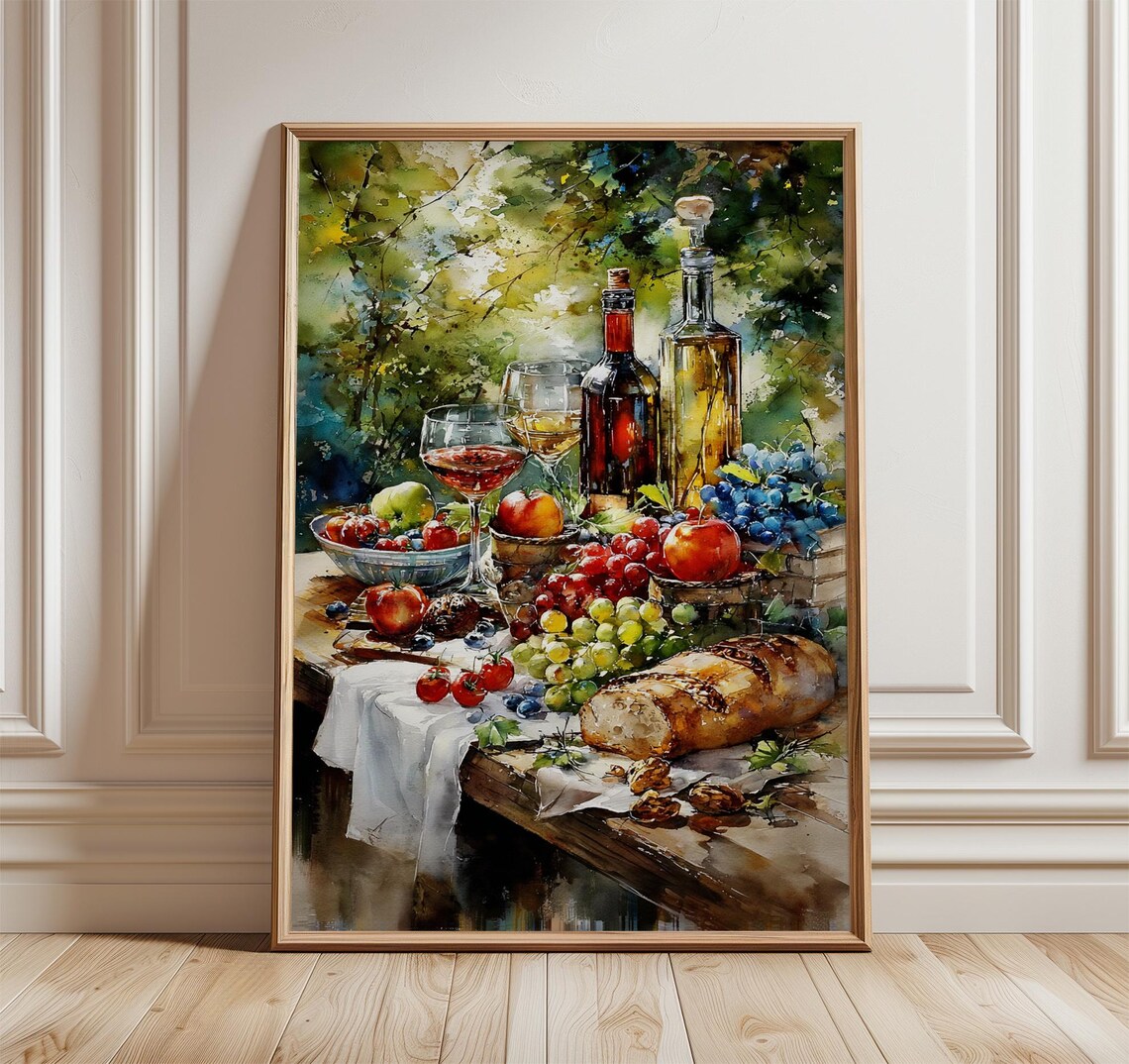 Wine And Cheese, Rustic Kitchen Watercolor Still Life