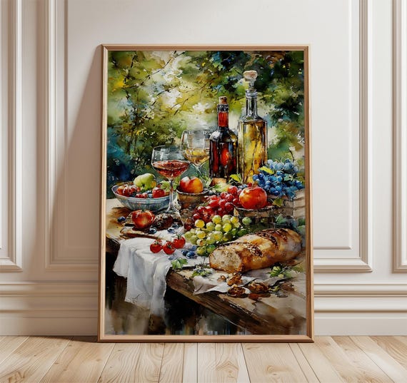 Wine And Cheese, Rustic Kitchen Watercolor Still Life