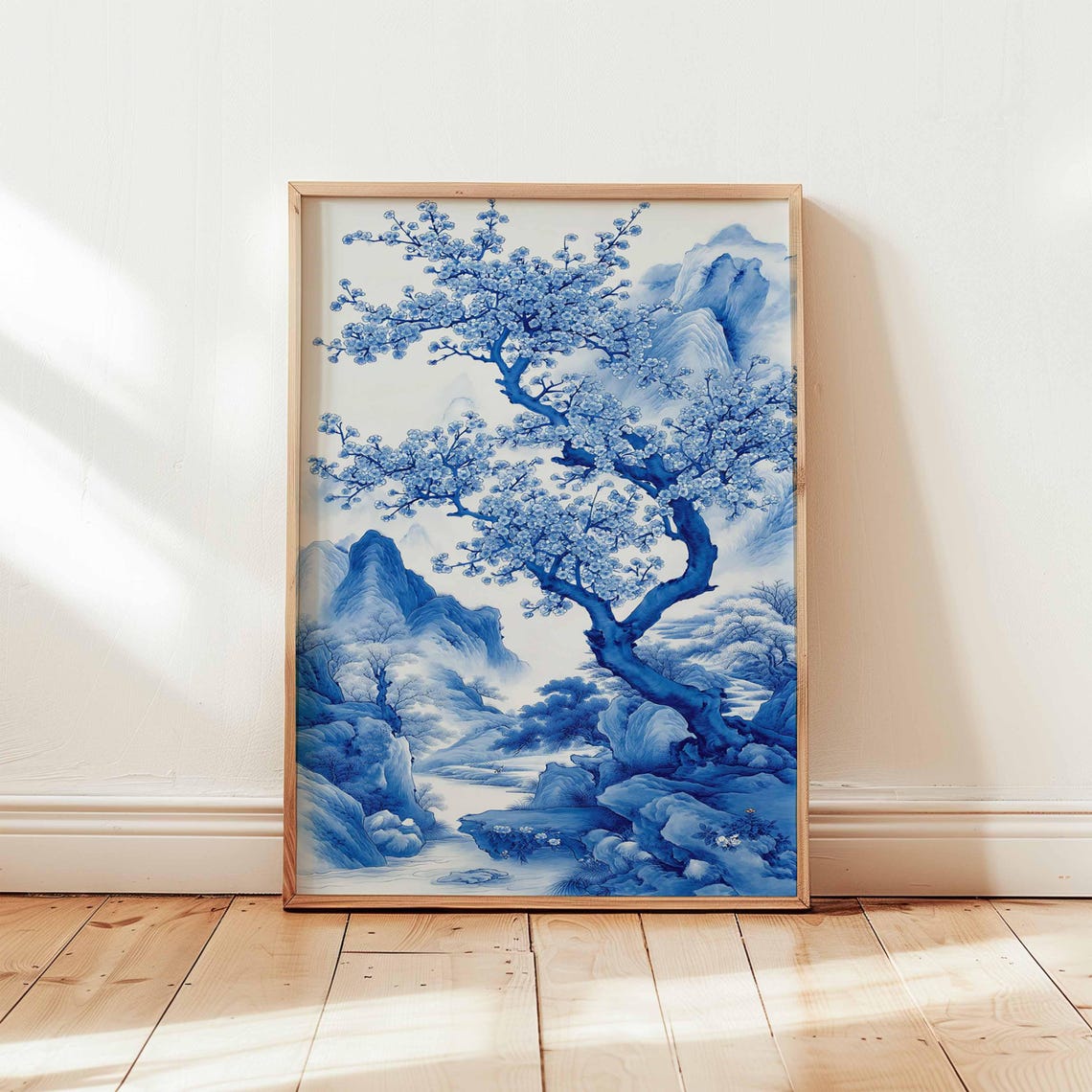 Blue Porcelain Plum Blossom Tree Mountain Landscape Art Poster