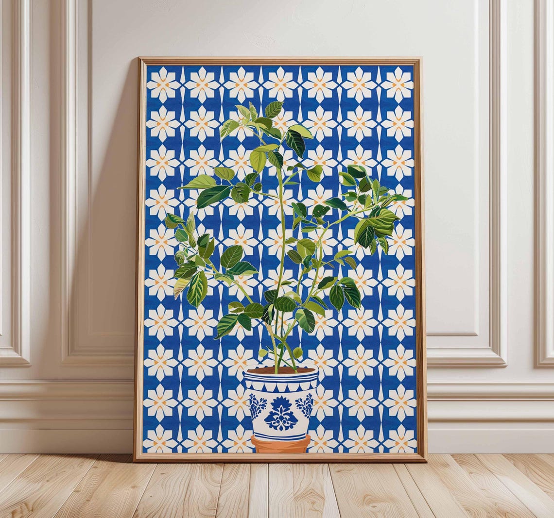 Blue Ceramic Pot Green Plant Spanish Tile Pattern Botanical Poster