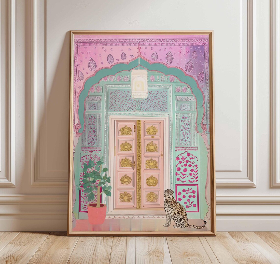 Jaipur Palace Door Pink Teal Indian Doorway Leopard Palace Boho Wall Art