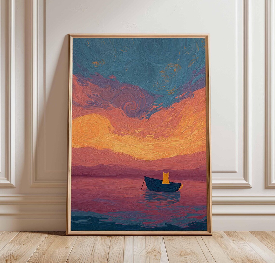 Starry Sunset Boat Poster, Van Gogh Inspired Cat Print
