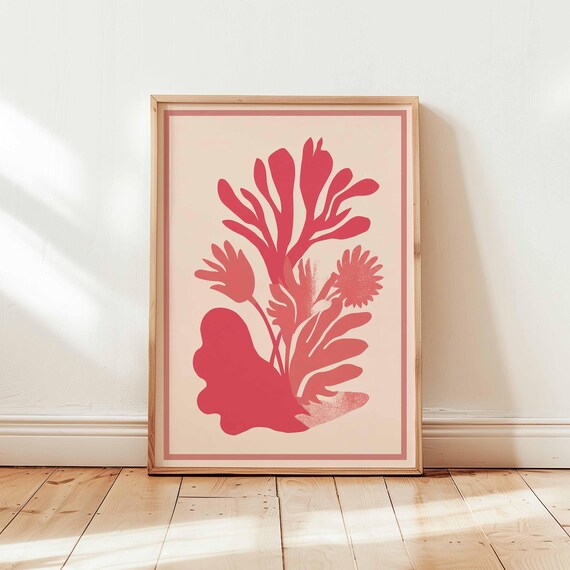 Modern Abstract Coral Botanical Print Bold Red Silhouette Wall Art Minimalist Plant Poster Scandinavian Home Decor Unframed Artwork
