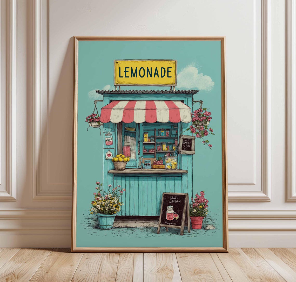 Vintage Teal Lemonade Stand Summer Kiosk Citrus Kitchen Art Print