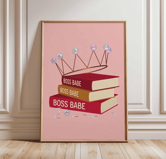Boss Babe Wall Art Poster Crown And Book Stack Print Feminine Pink Office Decor Modern Unframed Artwork For Girl Inspiration
