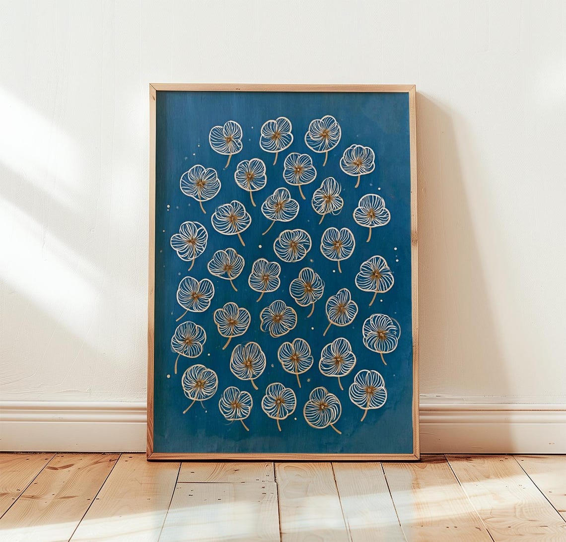 White and Gold Flower Heads Deep Blue Botanical Folk Art Poster