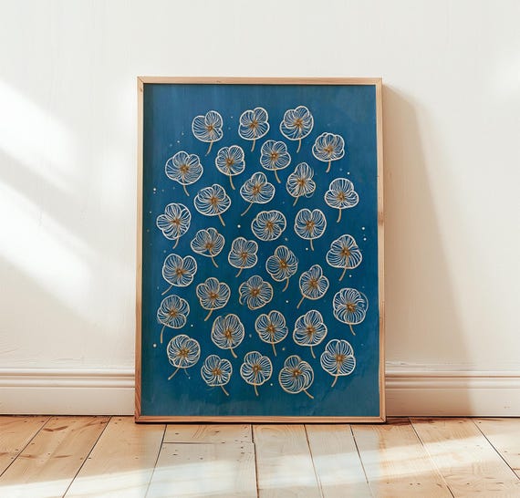 Blue Floral Botanical Poster Scandinavian Wall Art Folk Flower Print