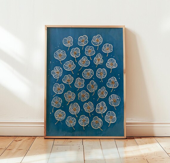 White and Gold Flower Heads Deep Blue Botanical Folk Art Poster