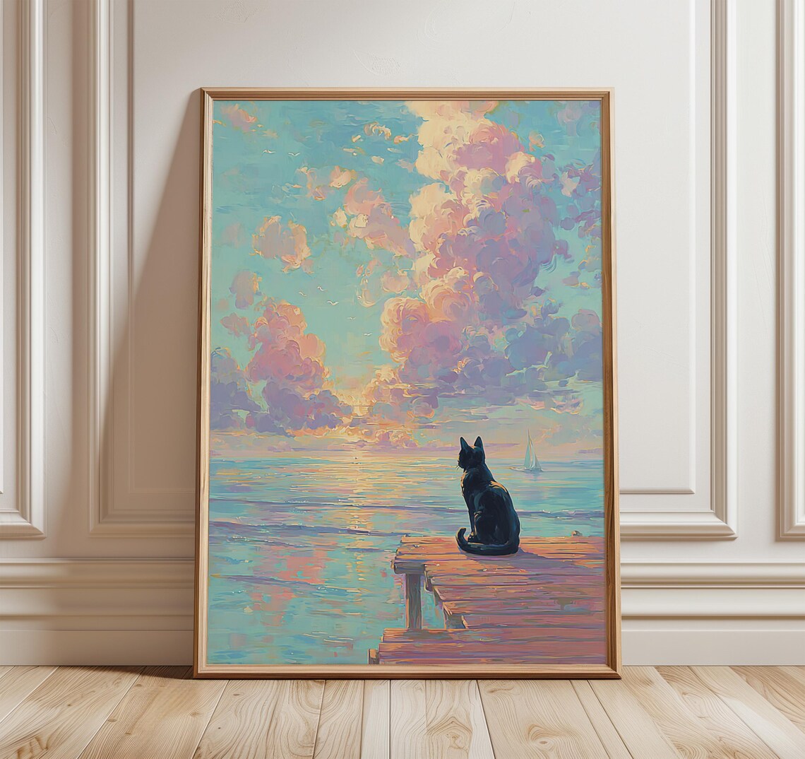Black Cat Sunset Poster, Coastal Sunset Art Print