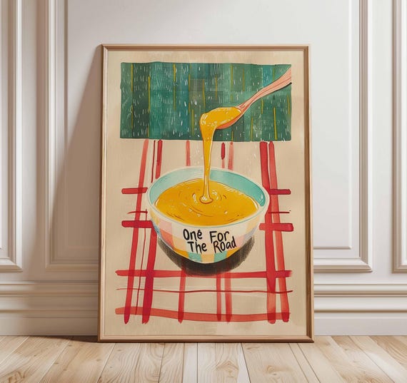 Soup Bowl Poster Print Fun Retro Kitchen Wall Art With Spoon And Text Colorful Food Illustration For Dining Room Home Decor