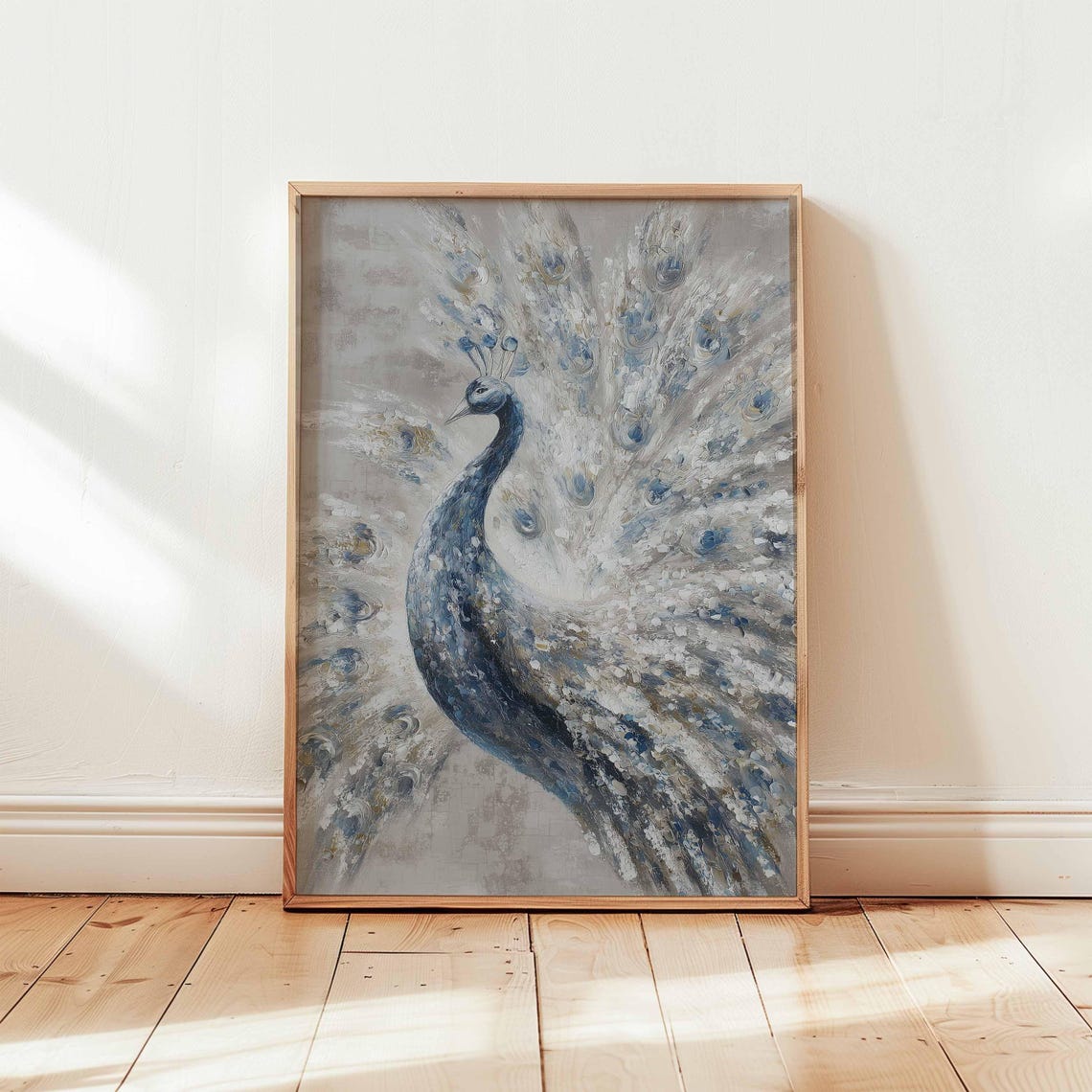Blue Grey Peacock Fanned Tail Modern Abstract Bird Art Poster