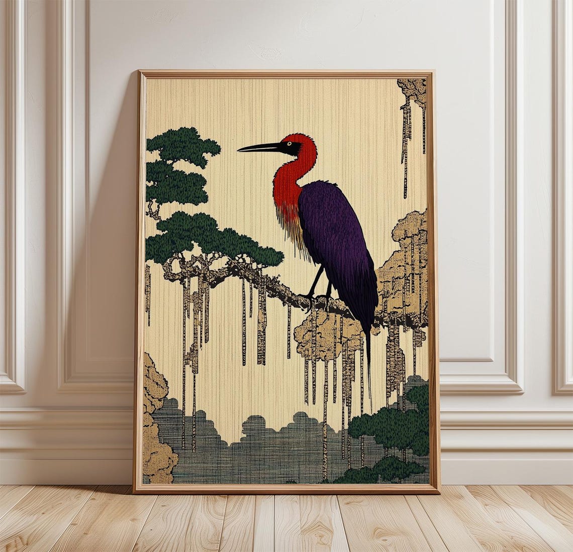 Japanese Woodblock Red and Purple Heron Pine Branch Art Poster