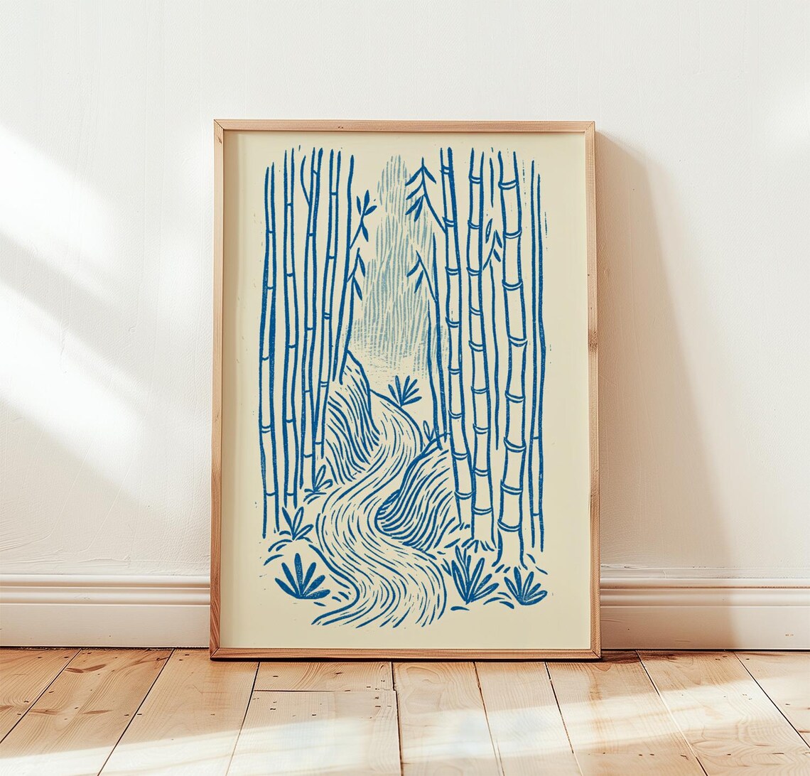Bamboo Forest Blue Woodcut Art Print