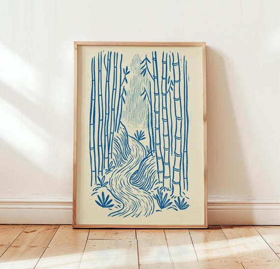 Bamboo Forest Blue Woodcut Art Print