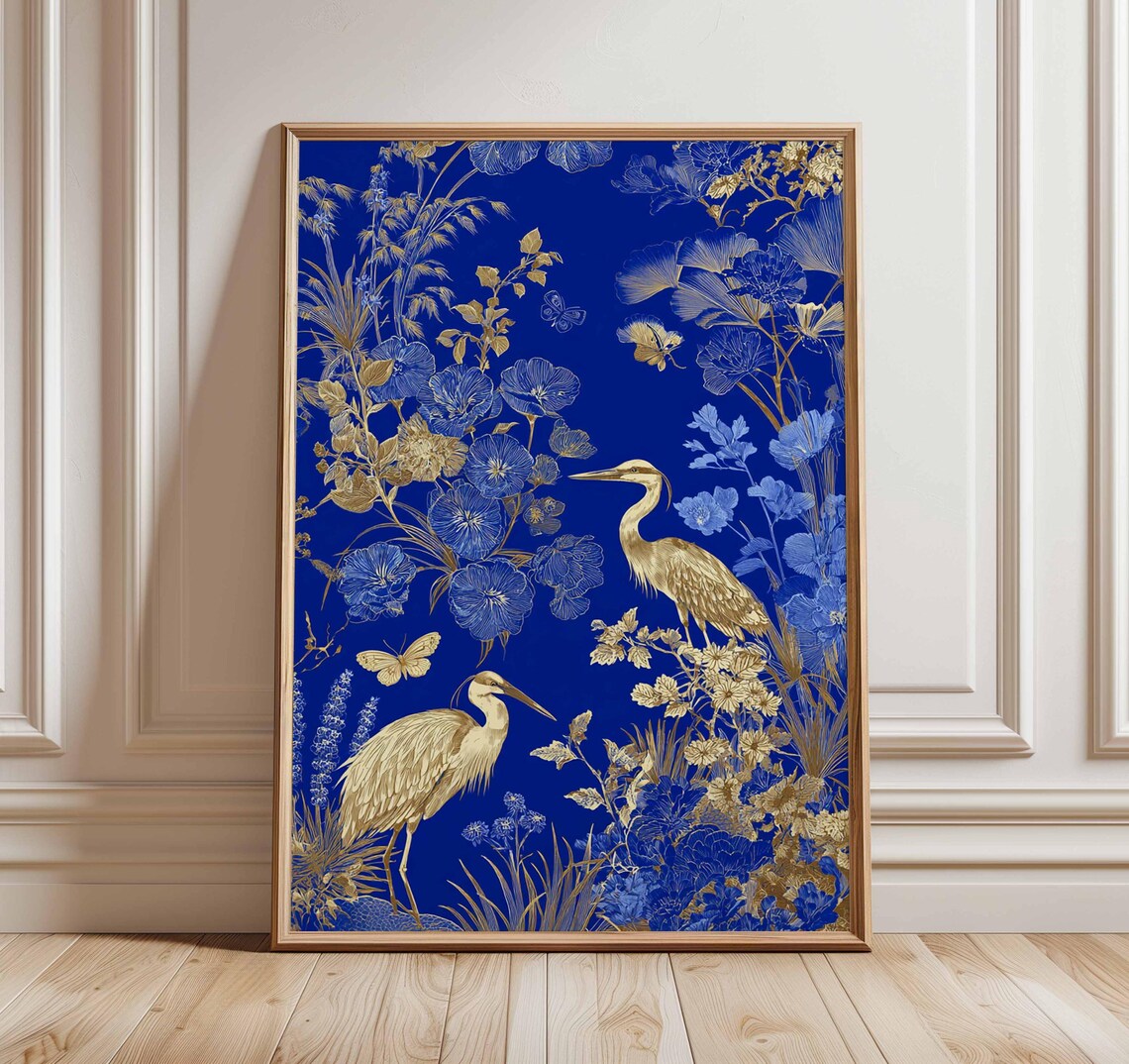Golden Herons Blue Botanical Floral Elegant Nature Art Poster
